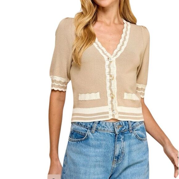Avara Sweaters - Avara Boutique Kira Cardigan Sweater Size Medium Cropped Short Sleeve Neutral
